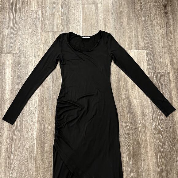 NWOT Marcella NYC Black Long Sleeve Ruched Tulip Hem Midi Dress M Tencel Bodycon - Picture 6 of 15